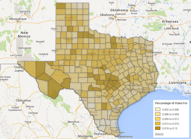 Central Texas is home to many Libertarians, as shown by this map of the percentage of votes Libertarians received by county. Map by Roy Varney.