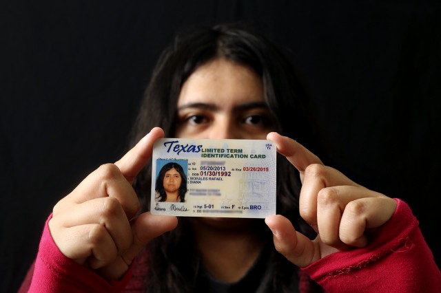  UT sophomore Diana Morales holds the state identification card she received through the federal deferred action program. She is one of 72,400 undocumented immigrants in Texas who have won temporary legal status through the program. Photo by Pu Ying Huang.