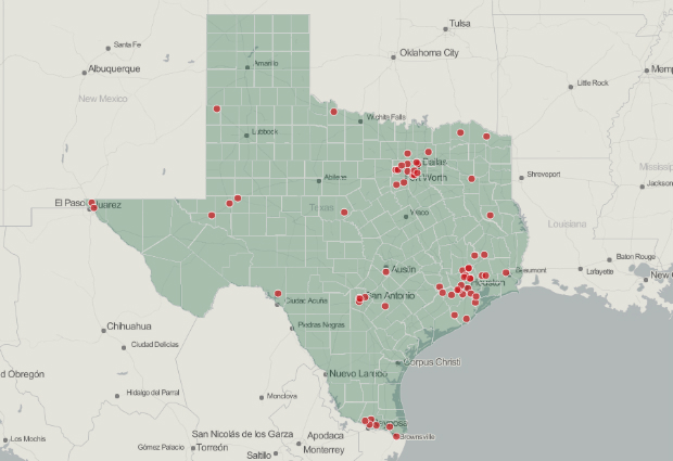 Education adviser Terry Abbott found 54 arrests for sex crimes on students from January to September. In a separate count, Reporting Texas found 65 cases in the same period. View the interactive map here. Map by Eva Lorraine Molina.