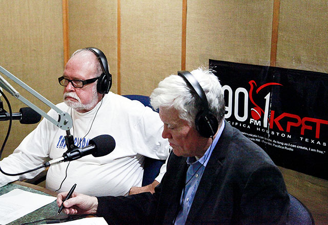 Ray Hill, the host of Execution Watch, a radio show that goes on air only when the Texas Department of Justice conducts an execution, with guest Larry Douglas, a criminal defense attorney. Photo by Ann Choi