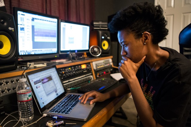 Raechelle Steward in the studio at Blak Marigold Pro Multimedia Studio in Round Rock, TX on Saturday February 7, 2014. Raechelle is one of a small number of female sound engineers working in the industry nation-wide. Photo by Rocio Tueme/Reporting Texas
