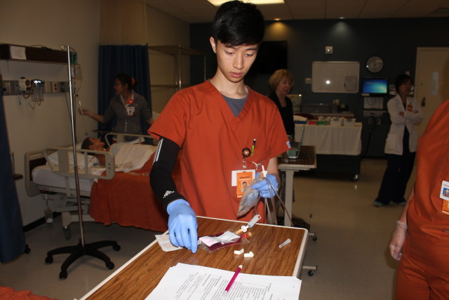 Casey Luong, third-year nursing student, examines his materials for an exercise in his Clinical Nursing Skills II class at the UT School of Nursing in Austin, TX., on Wednesday, March 30, 2016. Estefania Espinosa/Reporting Texas