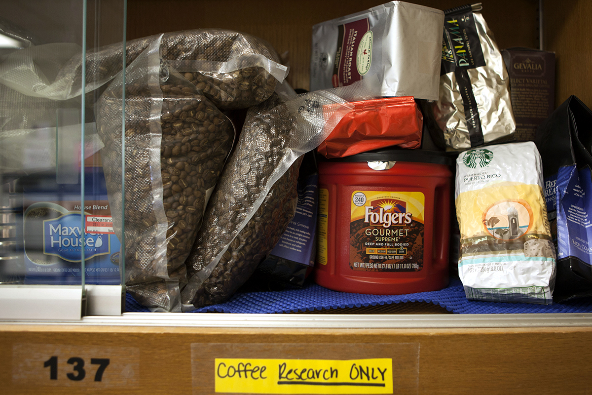 Coffee on the shelf of the sensory lab at Texas A&M University in College Station, TX. The coffee will be tasted to assess it’s quality by tasting experts from the universities new Center for Coffee Research and Education.