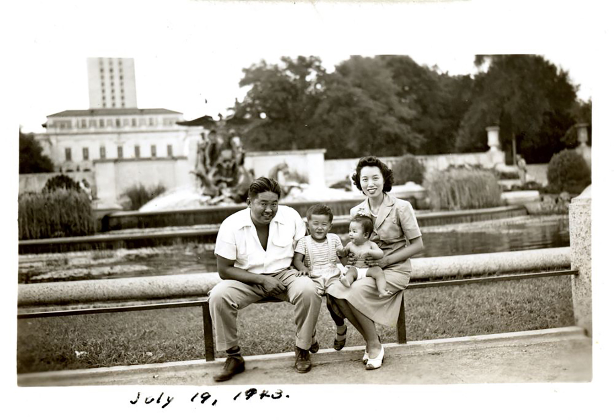 Fred and Rose Wong with their children , Mitchel and Linda on the campus of The University of Texas at Austin Credit: Image AR.2008.005(027), Wong Family Papers, AustinHistory Center, Austin Public Library.