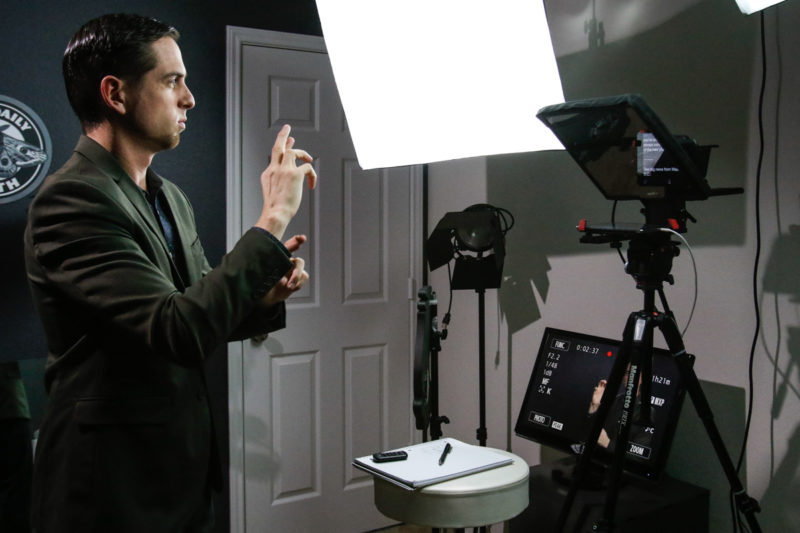 Deaf host Alex Abenchuchan ,30, looks at his teleprompter while signing in ASL about the Senate Republican's decision in the confirmation of Judge Neil Grouch during filming of his news video, The Daily Moth, at his home in Buda,Texas Thursday, April 6, 2017. Abenchuchan has been filming news segments in ASL four days a week since August of 2015 to provide a news outlet for and about the deaf. Denise Cathey/Reporting Texas