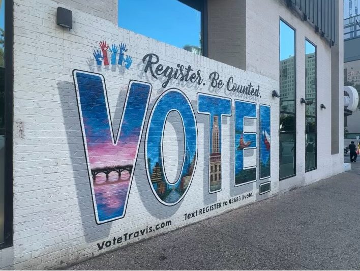 A voting mural painted on Guadalupe Street in Austin, Texas, on Oct. 2, 2024. (Abby Chapman/Reporting Texas TV)